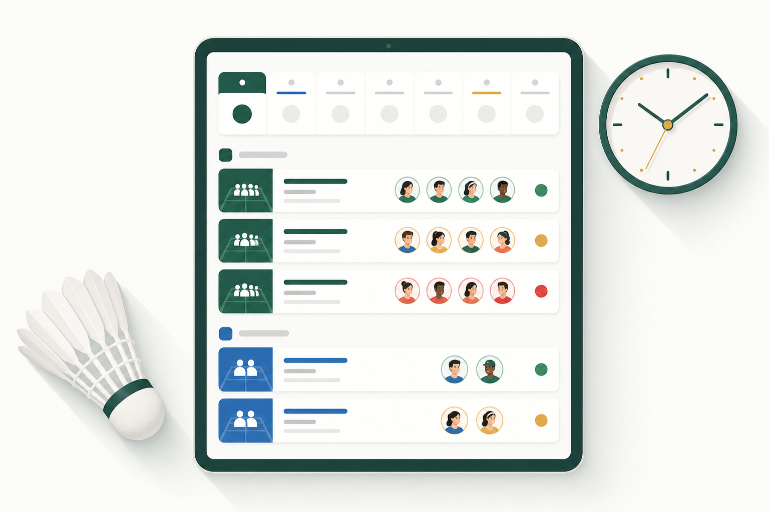 A tablet calendar UI showing rows of group sessions with attendee avatars and RSVP dots.