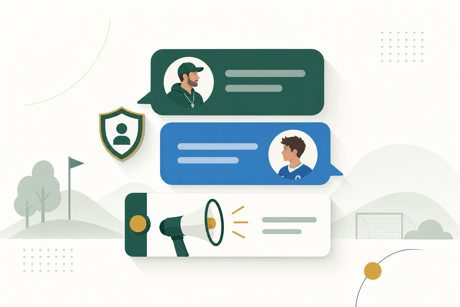 A coach chat bubble and a player chat bubble stacked above a megaphone announcement card, with a safeguarding shield tucked beside them.