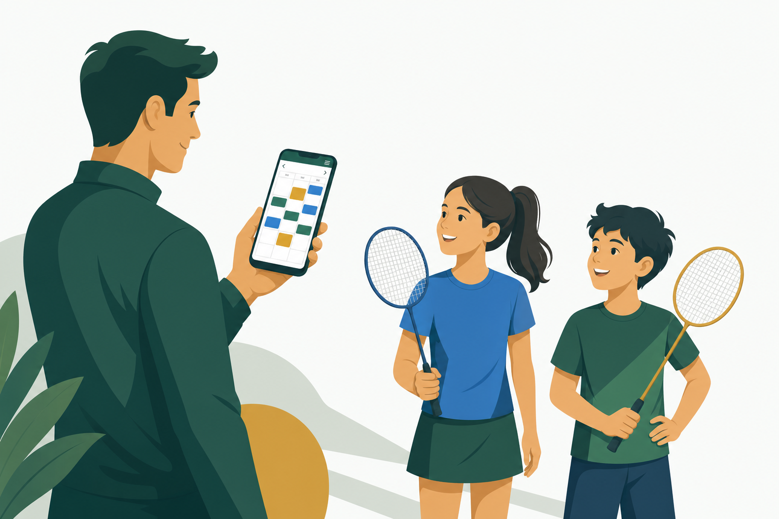 A parent holding a smartphone with a colour-coded family calendar, with their two children holding badminton rackets beside them.