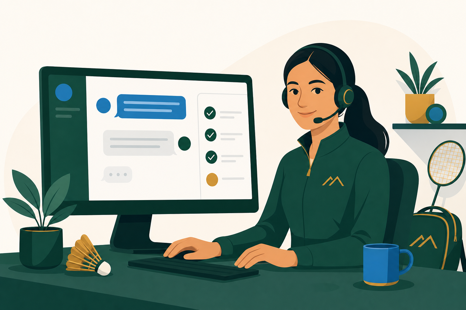 A Summit support specialist at a desk with a headset, helping a coach through a chat window.