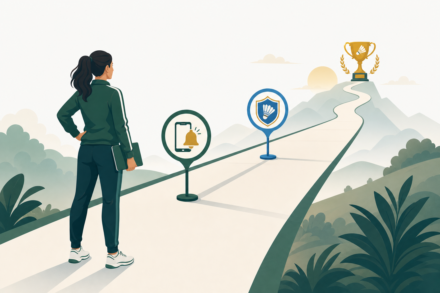 A coach looking down a long pathway toward milestones — a phone with a notification bell, a club crest shield, and a trophy in the distance.